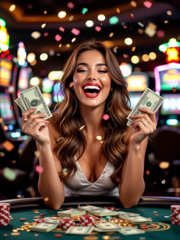 Happy woman celebrating a big win at Skycrown Casino